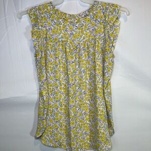 Women's Loft Yellow Floral Top Size XS Keyhole Button Sleeveless Blouse Shirt